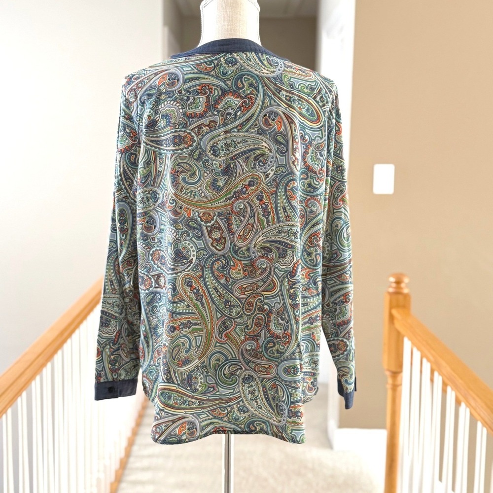 Liz Claiborne Petite‎ Paisley Split Neck Blouse Blue Orange Green PL Long Sleeve - Picture 5 of 11